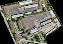 Orthofoto einer Baustelle mit hochauflösender, maßstabsgetreuer Draufsicht zur präzisen Vermessung und digitalen Bestandsaufnahme.