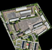 Orthofoto einer Baustelle mit hochauflösender, maßstabsgetreuer Draufsicht zur präzisen Vermessung und digitalen Bestandsaufnahme.